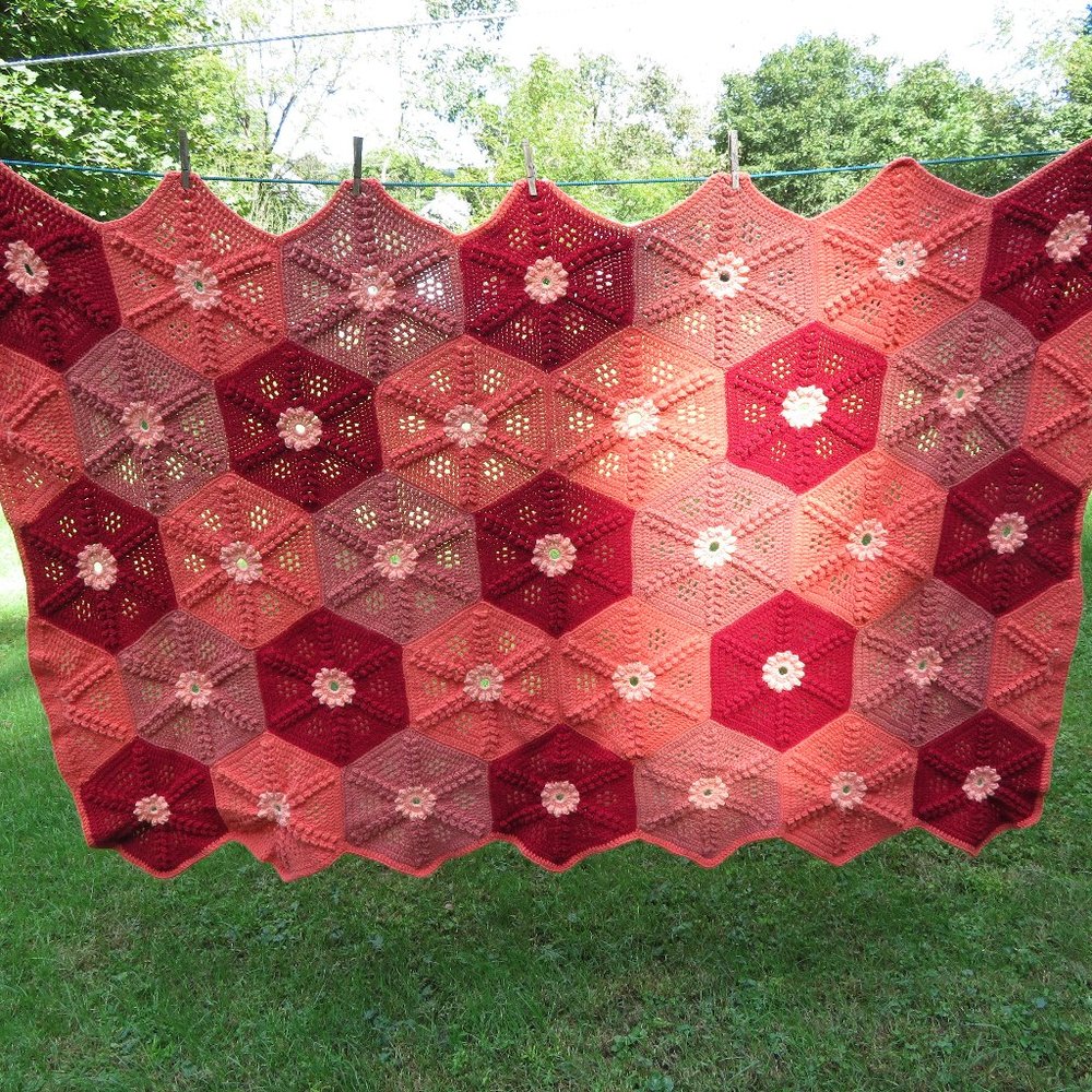 Vintage Crochet Blanket Fall/Autumn Colors 68" by 72" Rustic Farmhouse Style